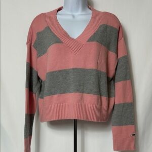 Tommy Jeans Pink Gray Striped V-Neck Women’s Size Medium Knit Sweater